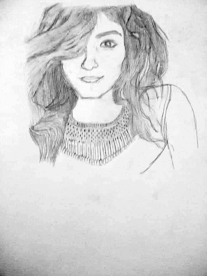 Graphite pencil portrait of a smiling woman with wavy hair and a fringed necklace