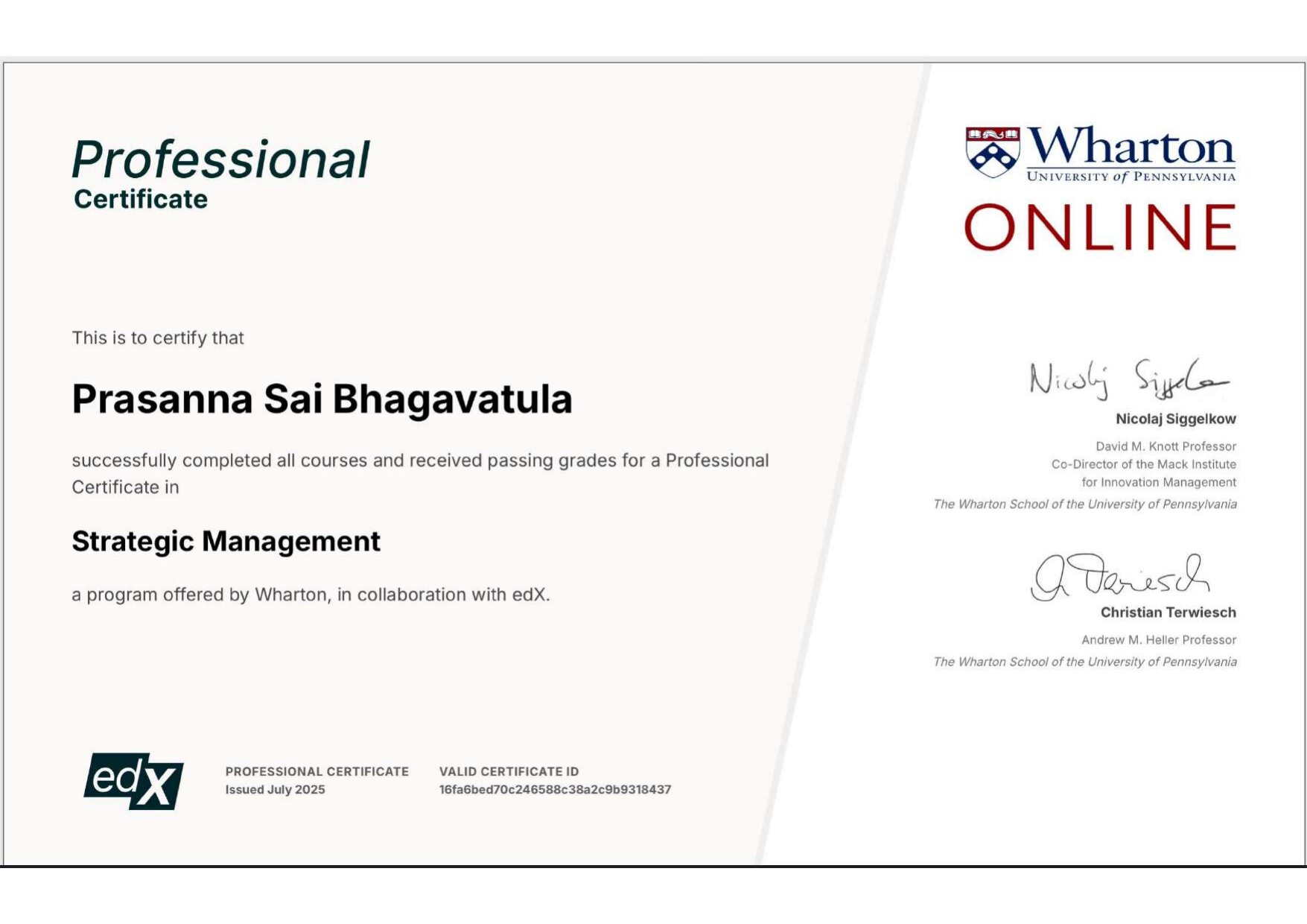 Strategic Management — Professional Certificate — certificate from WHARTON · UNIVERSITY OF PENNSYLVANIA