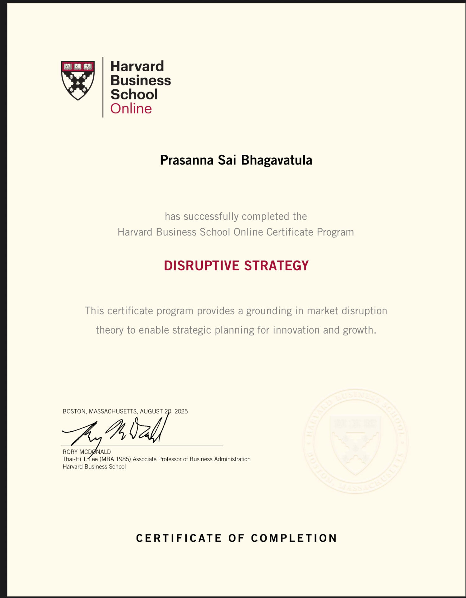 Disruptive Strategy — certificate from HARVARD BUSINESS SCHOOL ONLINE