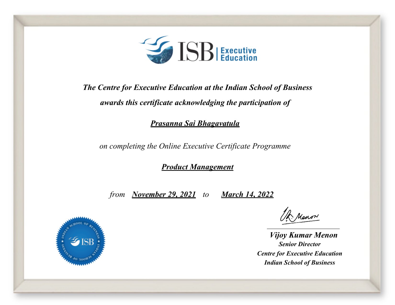 Product Management — certificate from INDIAN SCHOOL OF BUSINESS