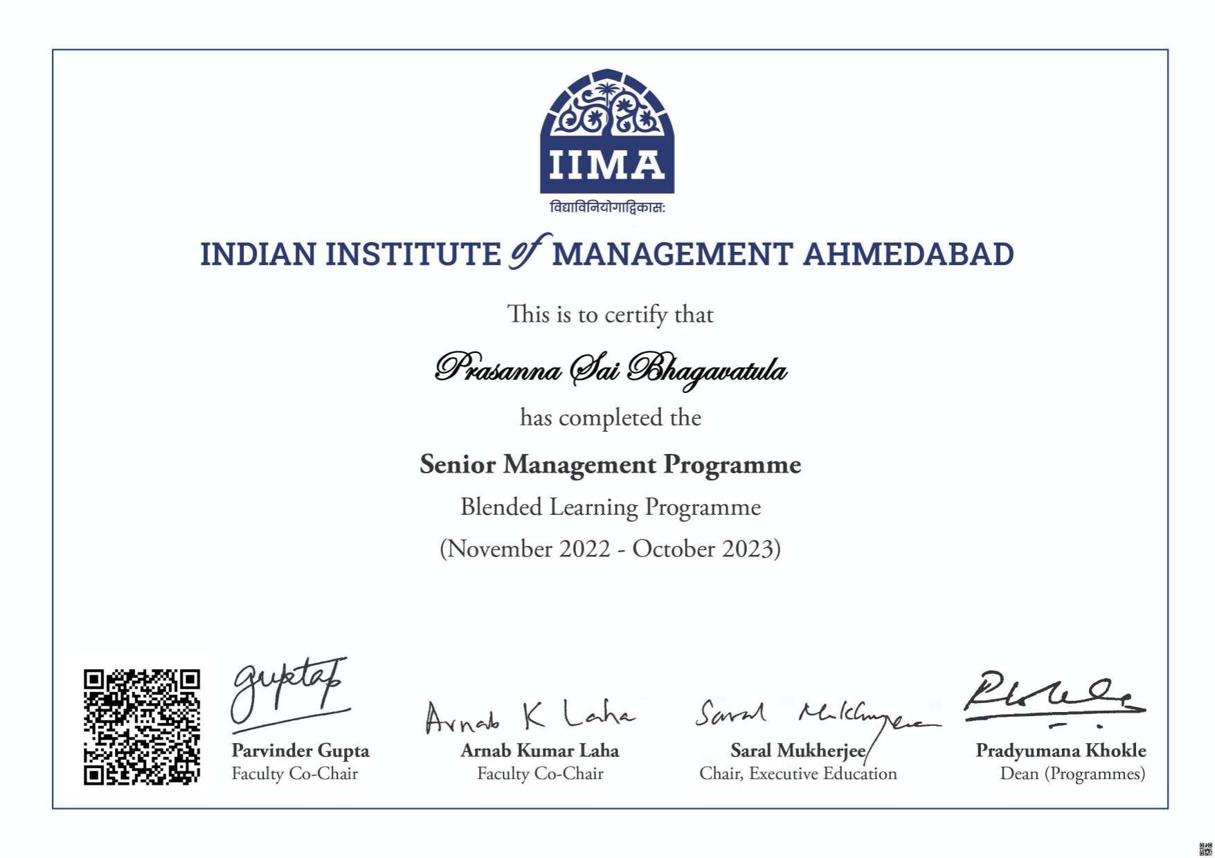 Senior Management Programme — certificate from IIM AHMEDABAD