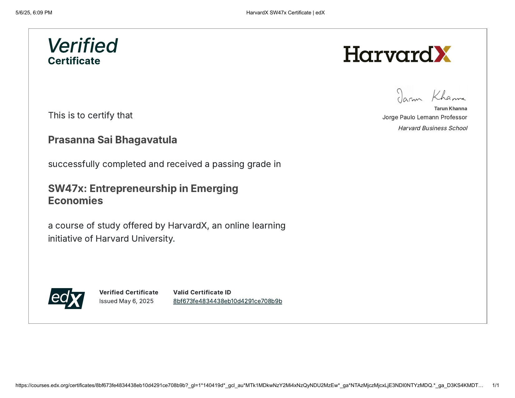 Entrepreneurship in Emerging Economies — certificate from HARVARDX · HARVARD UNIVERSITY