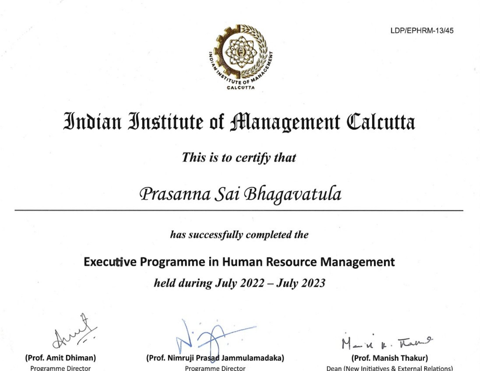 Executive Programme in Human Resource Management — certificate from IIM CALCUTTA