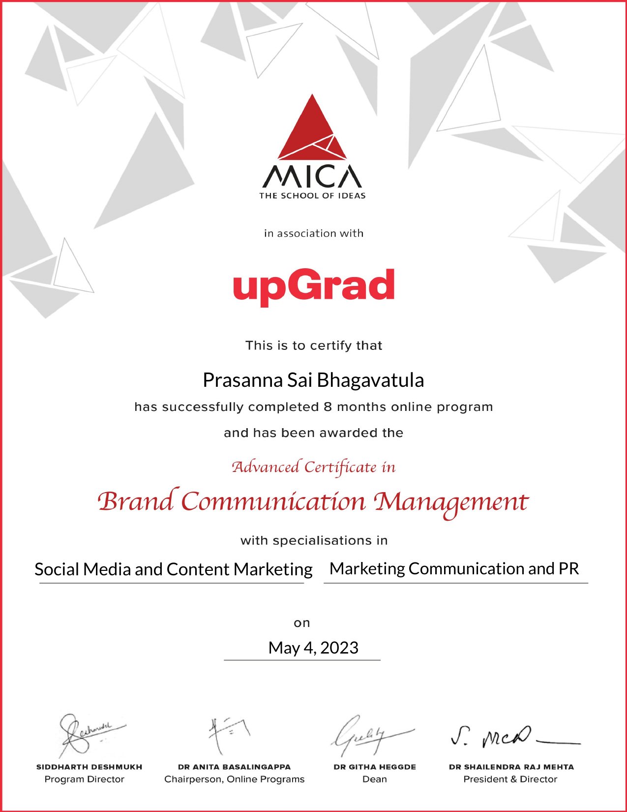 Advanced Certificate in Brand Communication Management — certificate from MICA · UPGRAD
