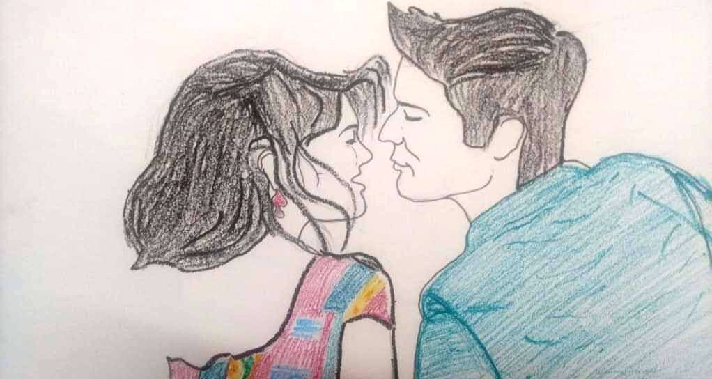 Coloured pencil drawing of a man and a woman leaning towards each other in profile