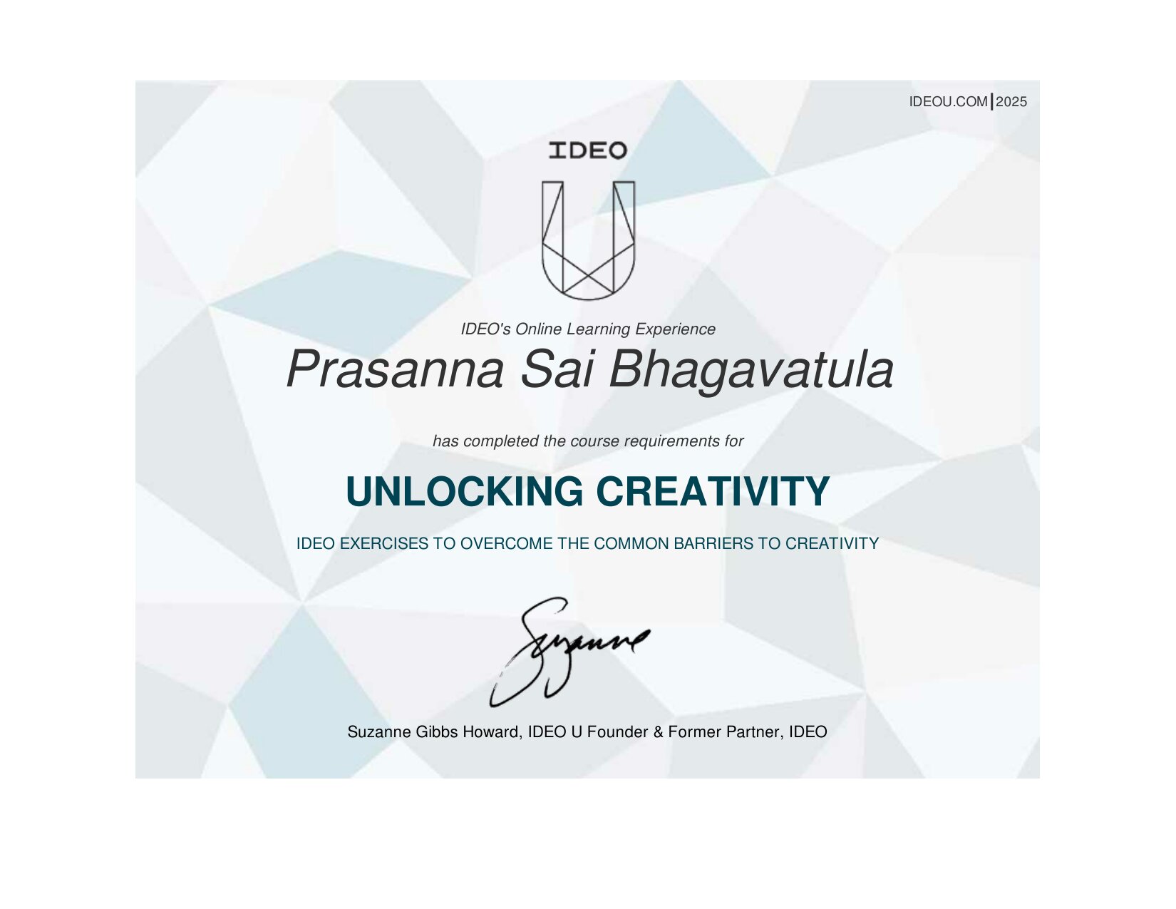Unlocking Creativity — certificate from IDEO U