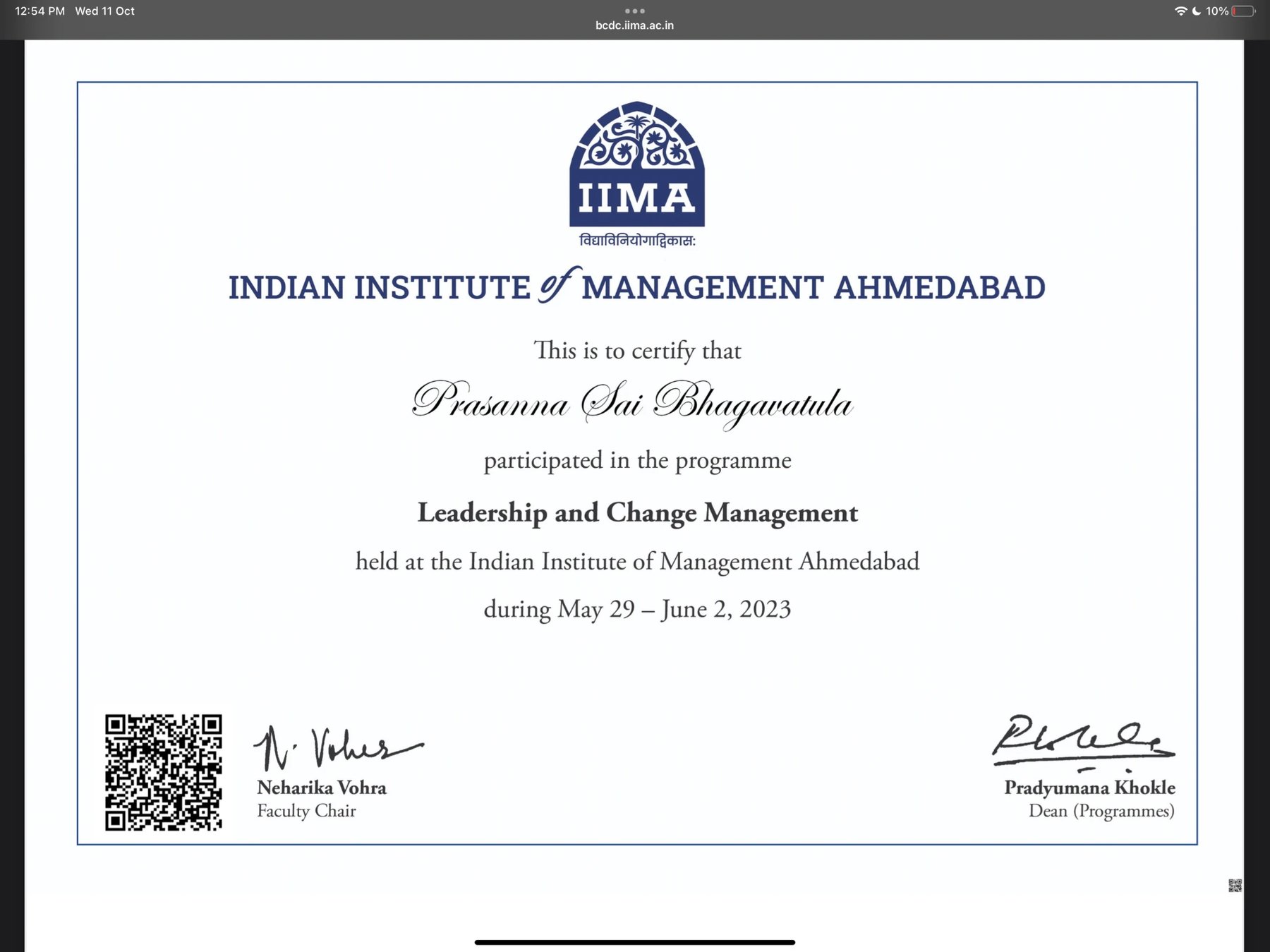 Leadership and Change Management — certificate from IIM AHMEDABAD