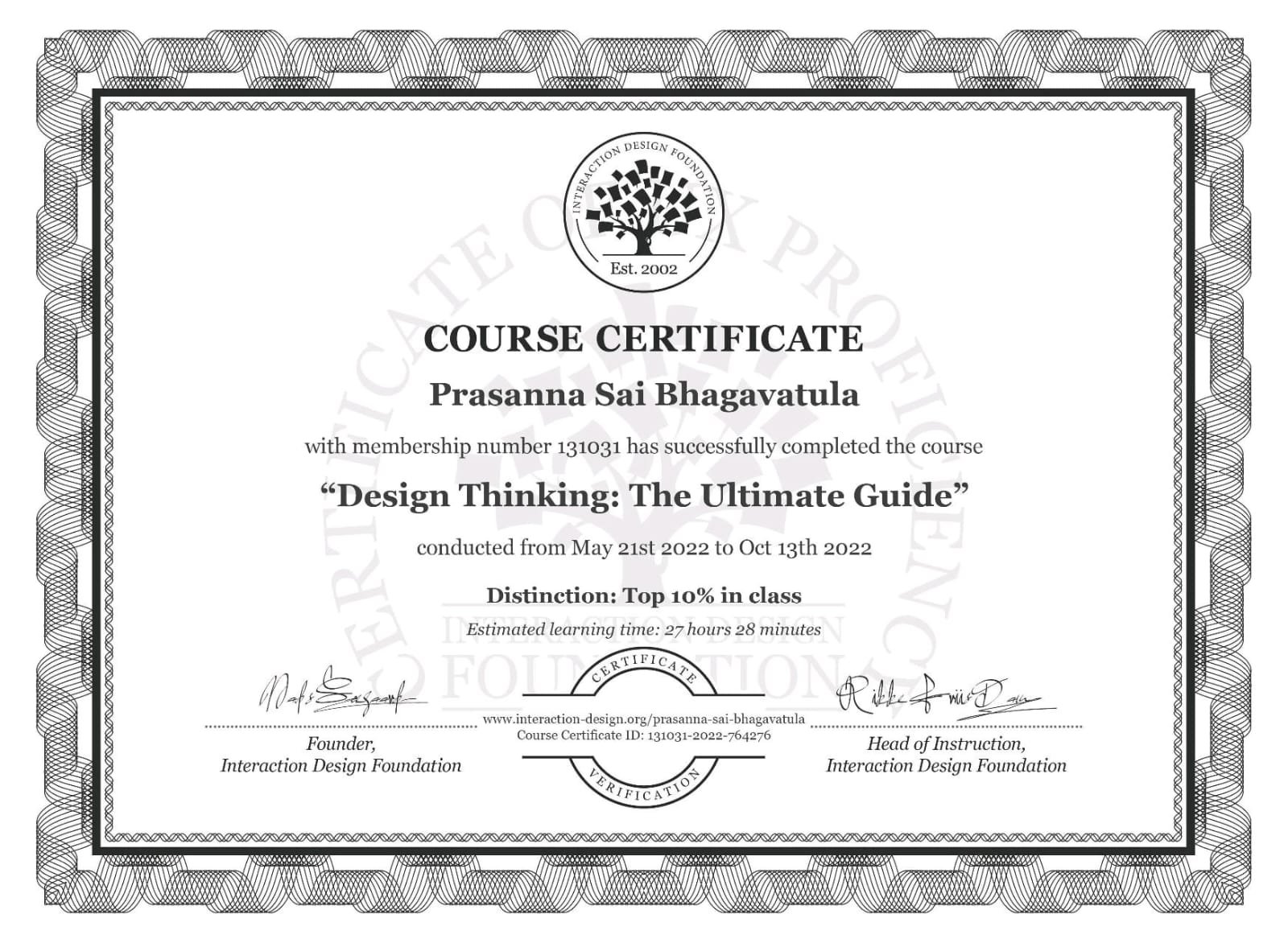 Design Thinking: The Ultimate Guide — certificate from INTERACTION DESIGN FOUNDATION