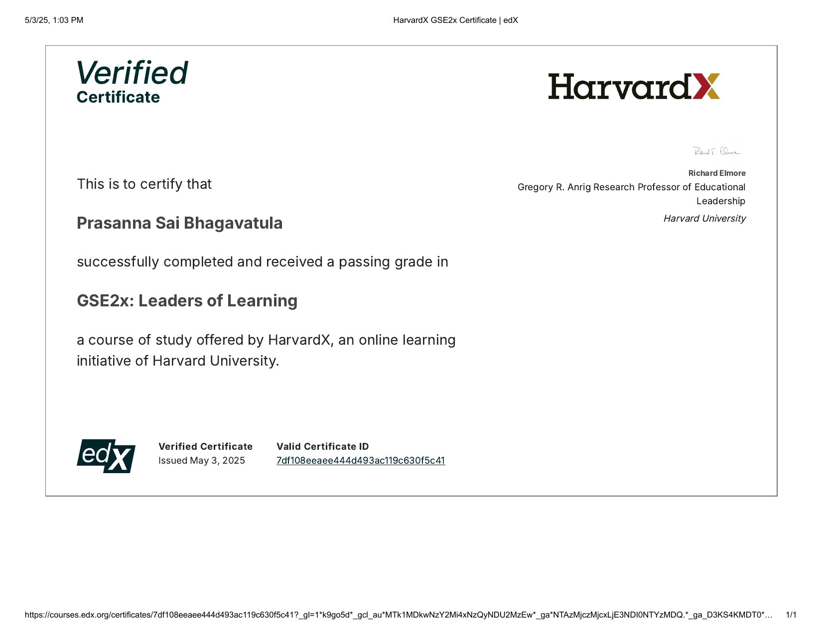 Leaders of Learning — certificate from HARVARDX · HARVARD UNIVERSITY
