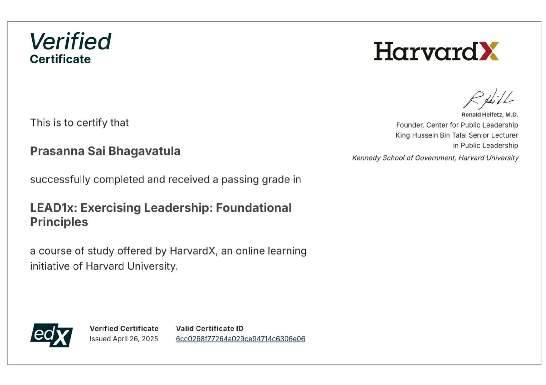 Exercising Leadership: Foundational Principles — certificate from HARVARDX · HARVARD UNIVERSITY