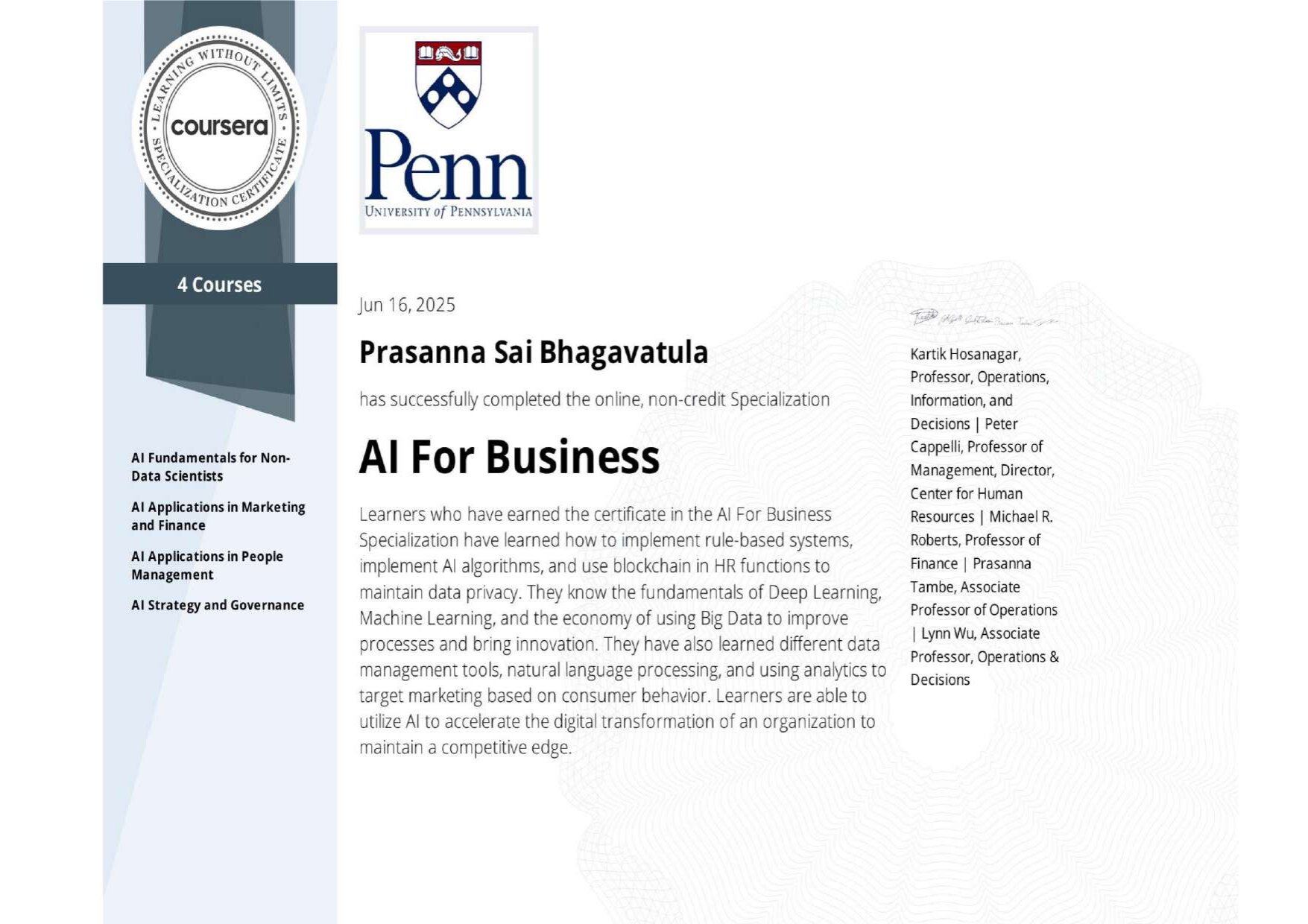 AI For Business — Specialization — certificate from WHARTON · UNIVERSITY OF PENNSYLVANIA