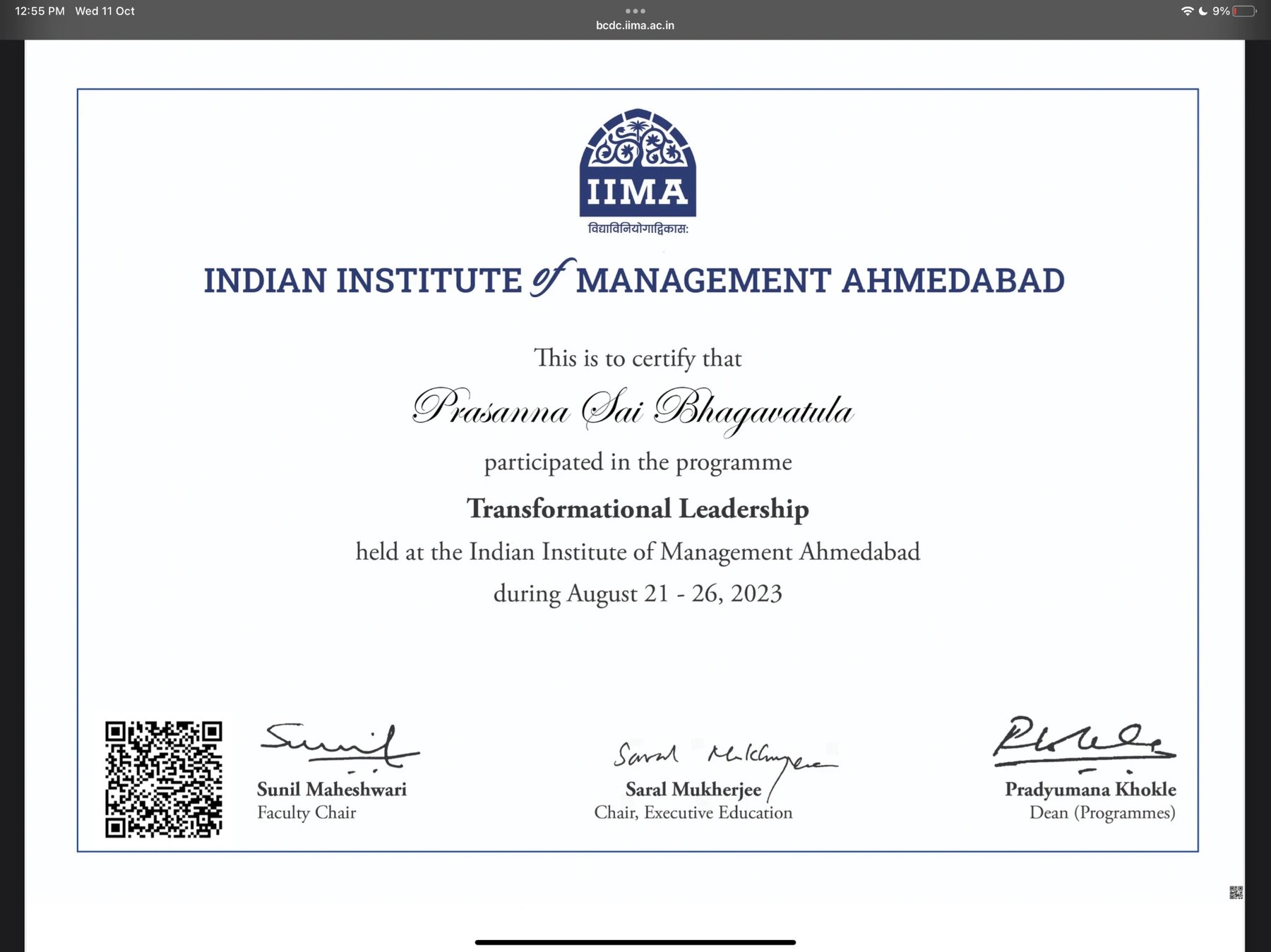 Transformational Leadership — certificate from IIM AHMEDABAD
