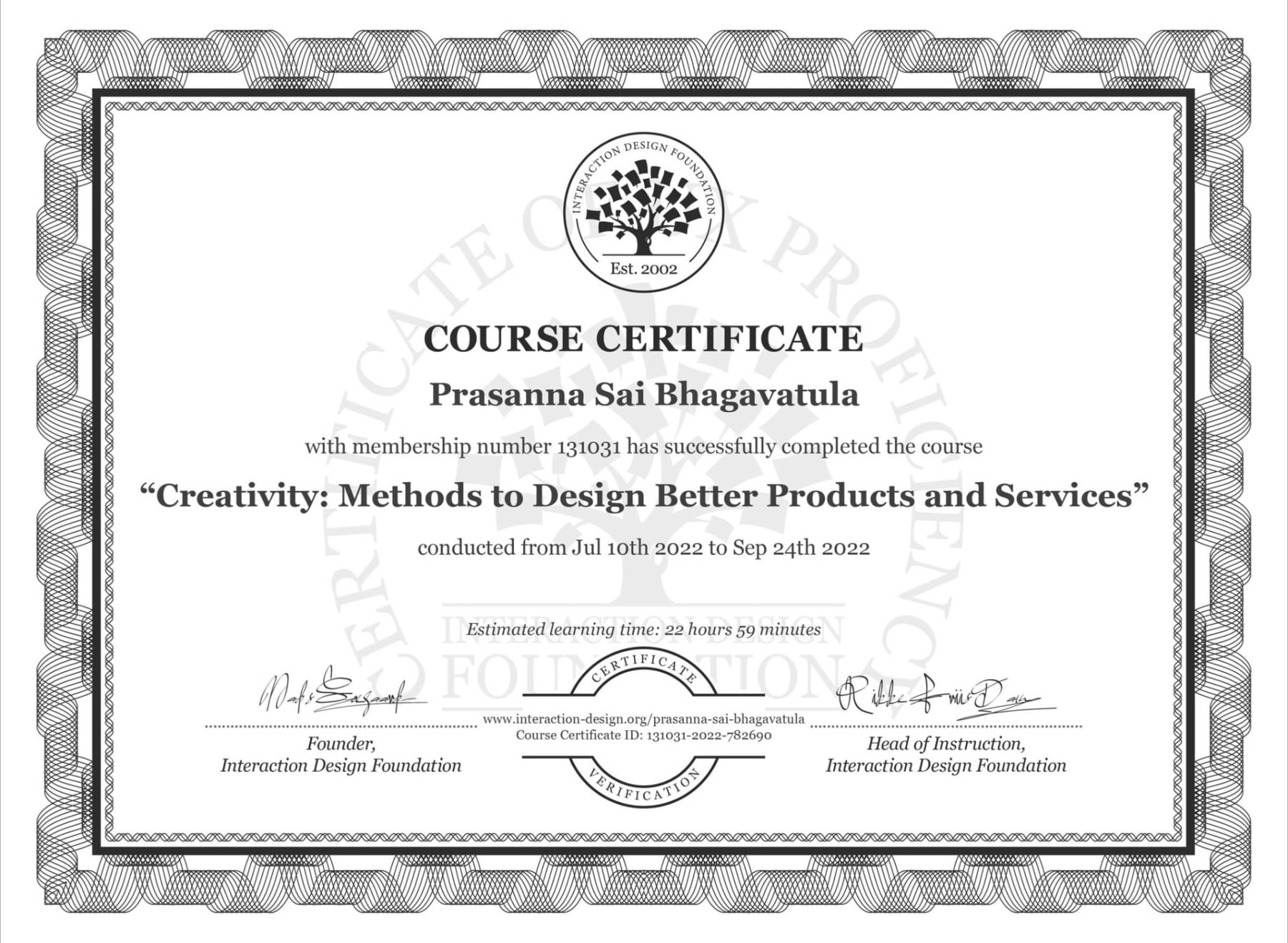 Creativity: Methods to Design Better Products and Services — certificate from INTERACTION DESIGN FOUNDATION