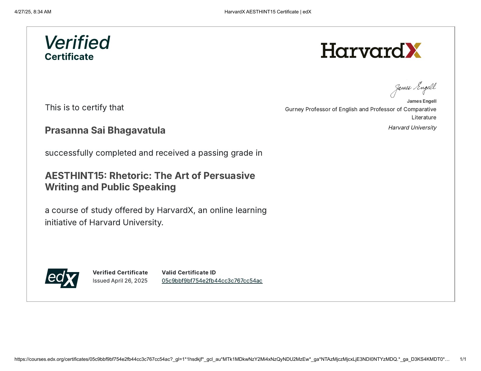 Rhetoric: The Art of Persuasive Writing and Public Speaking — certificate from HARVARDX · HARVARD UNIVERSITY