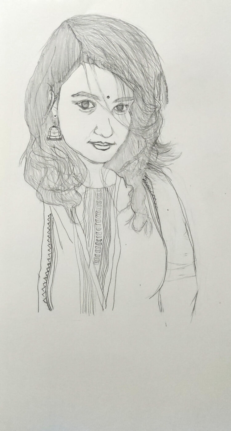 Graphite pencil portrait of a young woman wearing a bindi and a jhumka earring