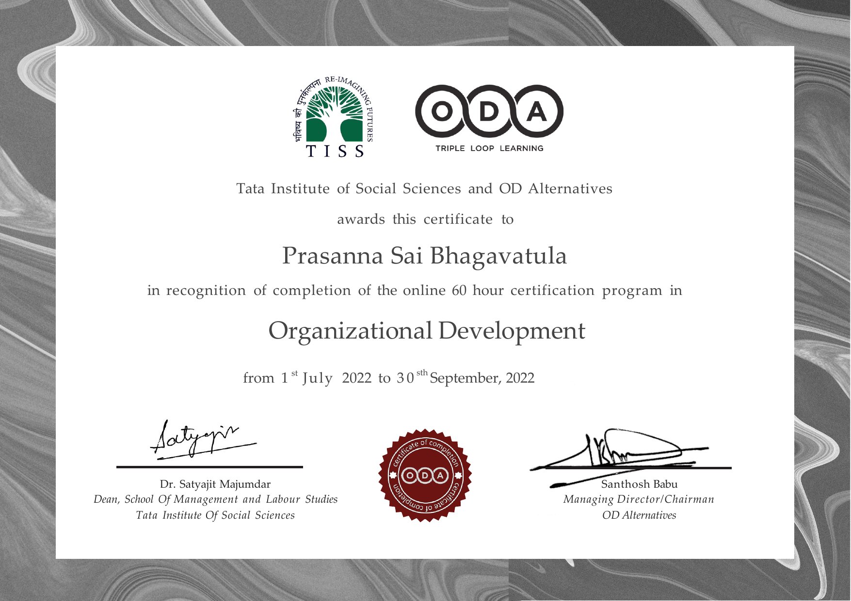 Organizational Development — certificate from TATA INSTITUTE OF SOCIAL SCIENCES · OD ALTERNATIVES